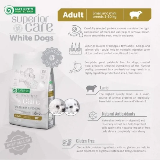 Natures Protection Храна за кучета с бяла козина Natures Protection White dog Lamb-За бяла козина, за дребни породи с агне