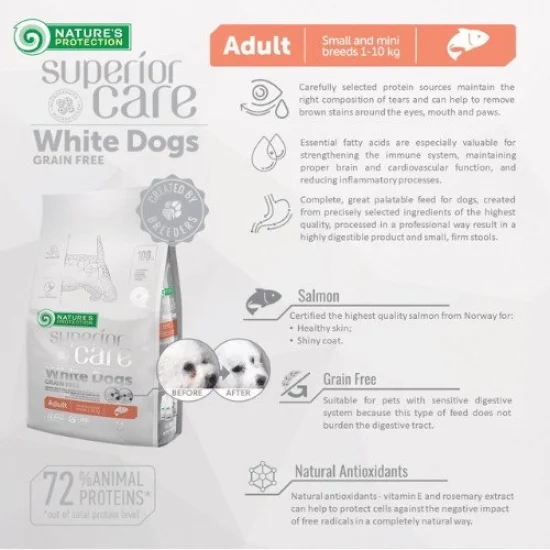 Natures Protection Храна за кучета с бяла козина Natures Protection White dog Salmon-За бяла козина, за дребни породи със сьомга