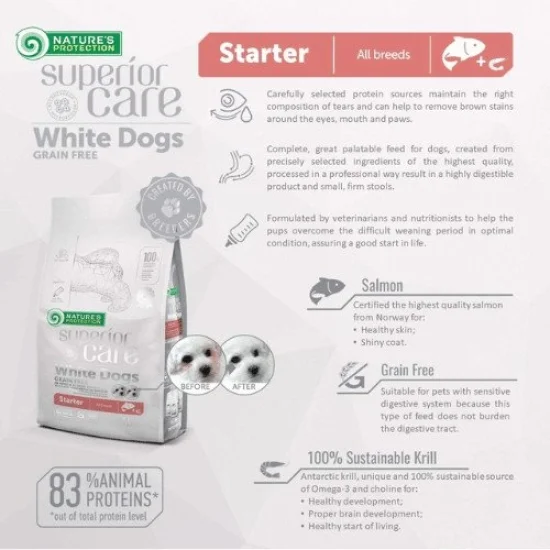 Natures Protection Храна за кучета с бяла козина Natures Protection White dog Starter-За бяла козина, за подраставщи със сьомга