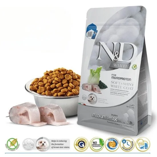 Храна за куче ND Spirulina ND White dog Medium Maxi Puppy- суха храна за подрастващи бели кучета